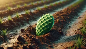 DALL·E 2024 08 23 13.18.44 A realistic image showing a single nopal pad (penca) placed on the ground, ready for planting and growth. The nopal pad is green, healthy, and lying f