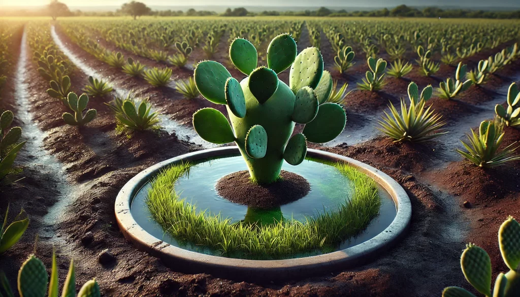 DALL·E 2024 08 23 15.16.46 A highly realistic image of a medium sized nopal plant growing in a field, with a shallow circular basin around it filled with water for irrigation. T