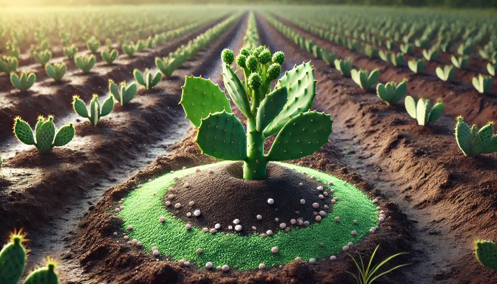 DALL·E 2024 08 23 15.18.12 A realistic image showing a nopal plant in a field with fertilizer applied around its base. The plant is healthy and green, with multiple pads, indica