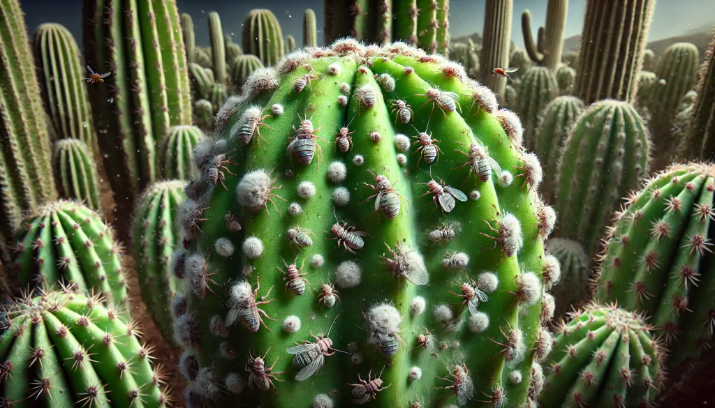 DALL·E 2024 08 23 15.25.14 A realistic close up image showing cochineal insects (Dactylopius coccus) infesting a nopal pad. The nopal pad is green and healthy, but the cochineal