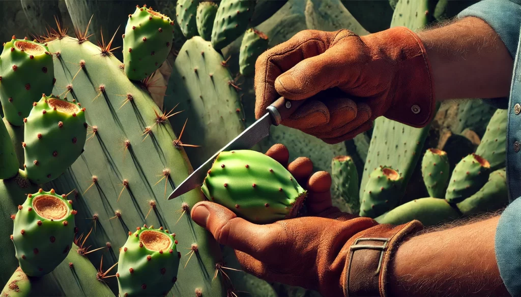 DALL·E 2024 08 23 15.43.27 A realistic image showing a hand wearing a leather work glove (guante de carnaza) cutting a prickly pear fruit (tuna) from a nopal cactus. The hand is