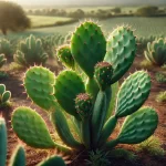 DALL·E 2024 08 23 15.47.19 A realistic close up image of a mature nopal plant in a cultivated field. The focus is on the large, healthy green pads of the nopal, with a few visib