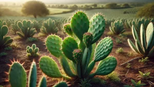 DALL·E 2024 08 23 15.47.19 A realistic close up image of a mature nopal plant in a cultivated field. The focus is on the large, healthy green pads of the nopal, with a few visib