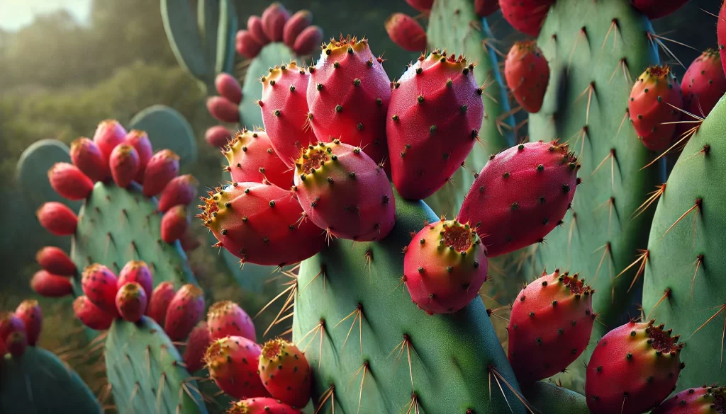 DALL·E 2024 08 23 16.01.42 A realistic close up image of a mature nopal plant with red prickly pear fruits (tunas rojas) growing on its pads. The focus is on the vibrant red tun