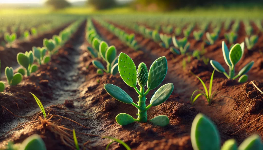 DALL·E 2024 08 23 16.04.32 A realistic image showing young nopal plants growing in a field. The nopal plants are small, with fresh green pads that are tender and smooth. The sce