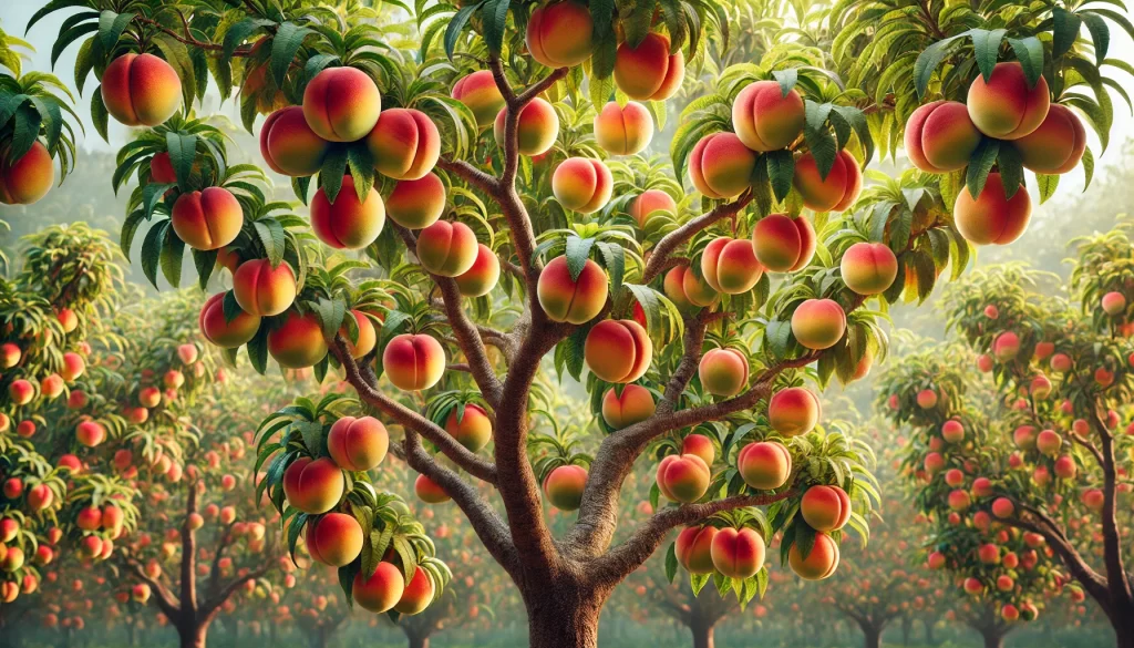 DALL·E 2024 08 23 16.15.52 A highly realistic image of a peach tree with ripe peaches hanging from its branches. The tree is full of green leaves, and the peaches are vibrant, w