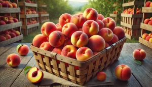 DALL·E 2024 08 23 16.17.12 A highly realistic image of freshly harvested peaches placed in a basket or crate. The peaches are vibrant, with a mix of red, orange, and yellow colo