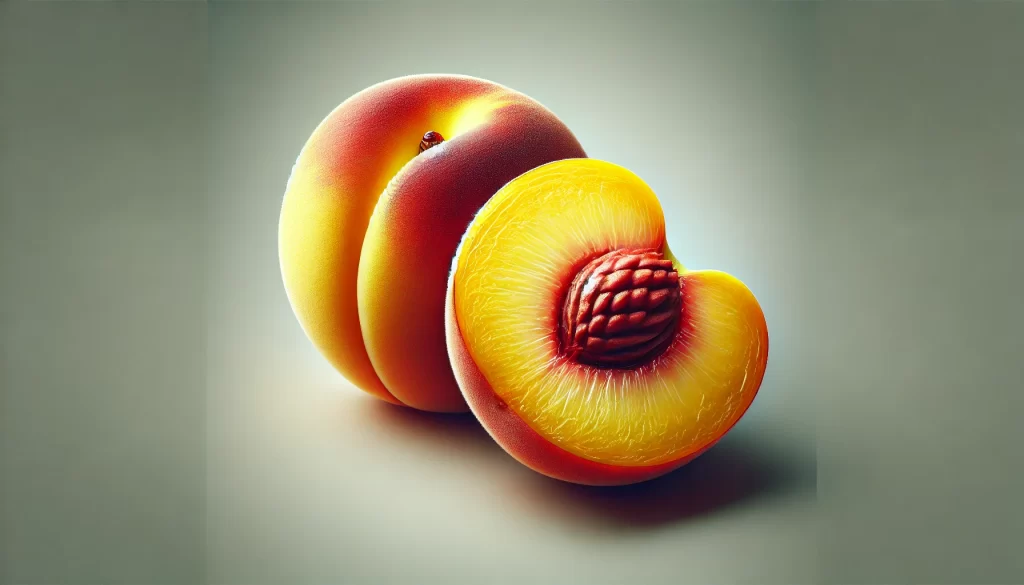 DALL·E 2024 08 23 16.21.09 A highly realistic image of a Yellow Flesh Peach, showing the whole fruit and a cut section. The peach is vibrant with a golden yellow flesh that is j