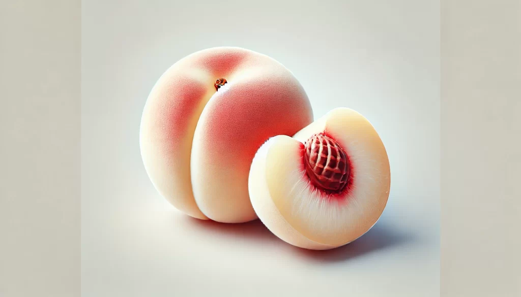 DALL·E 2024 08 23 16.22.34 A highly realistic image of a White Flesh Peach, showing the whole fruit and a cut section. The peach has a smooth, creamy white flesh that is juicy a