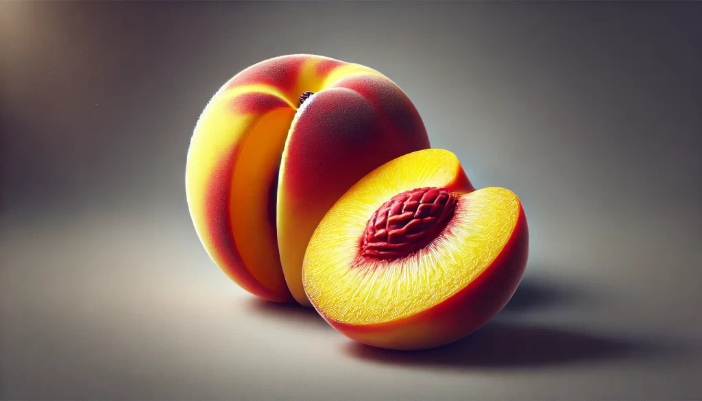 DALL·E 2024 08 23 16.25.56 A highly realistic image of a Clingstone Peach (Durazno Pavía), showing the whole fruit and a cut section. The peach has firm flesh that is deep yello