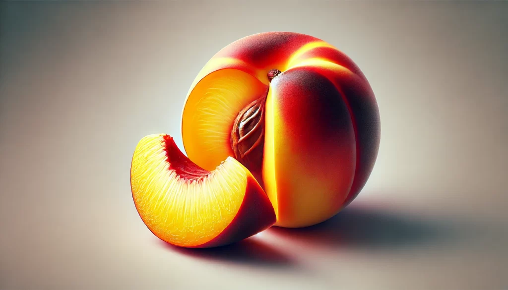 DALL·E 2024 08 23 16.27.33 A highly realistic image of a Nectarine, showing the whole fruit and a cut section. The nectarine has smooth, glossy skin with a vibrant mix of red, o