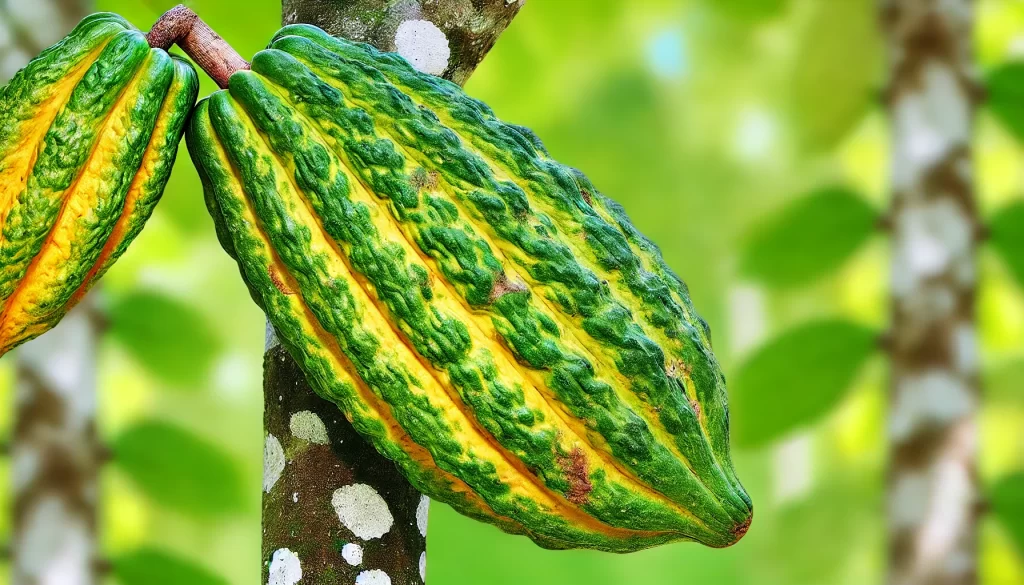 DALL·E 2024 08 27 15.10.50 A highly realistic image of a cacao pod growing on a tree. The cacao pod is large, elongated, and has a rough, ridged surface. The color of the pod is