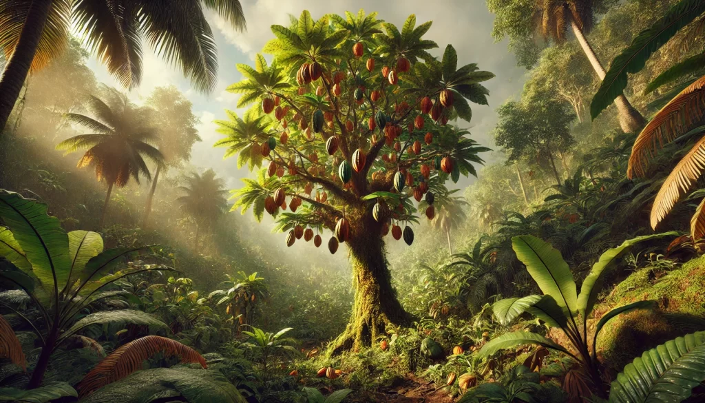 DALL·E 2024 08 27 15.12.57 A highly realistic image of a cacao tree thriving in a warm and humid tropical environment. The cacao tree is shown with multiple cacao pods hanging f