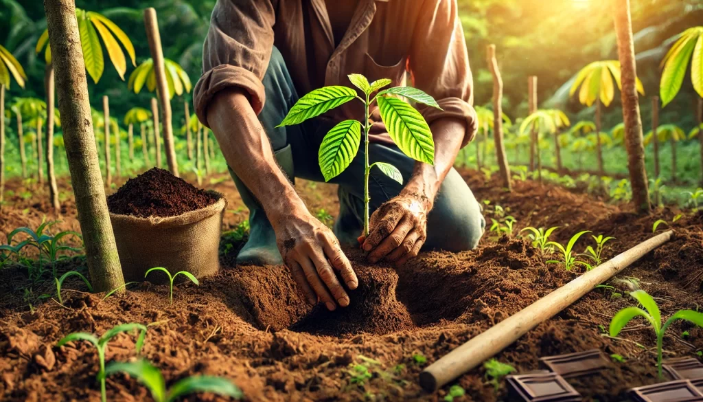 DALL·E 2024 08 27 15.15.54 A highly realistic image of a farmer planting a young cacao tree in a field. The farmer is carefully placing the small cacao seedling into a prepared