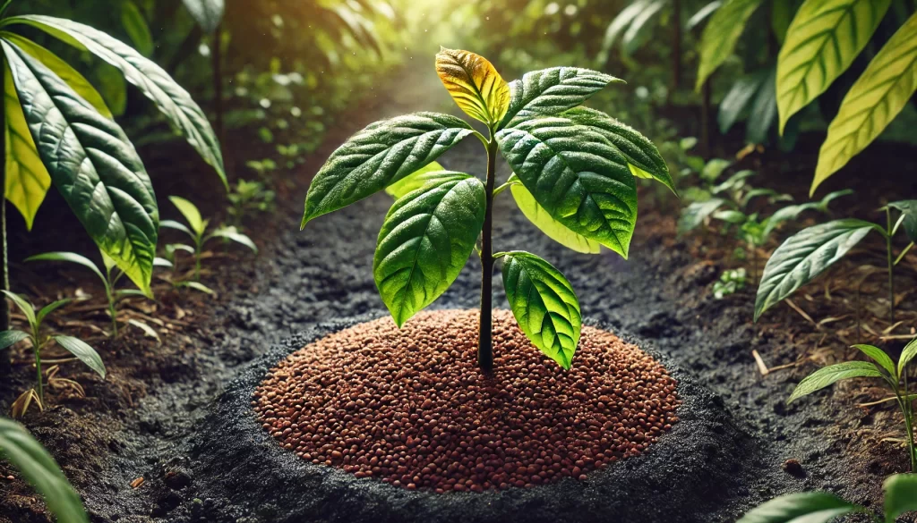 DALL·E 2024 08 27 15.17.18 A highly realistic image of a cacao plant with fertilizer applied around its base. The cacao plant is young, with vibrant green leaves and a healthy a