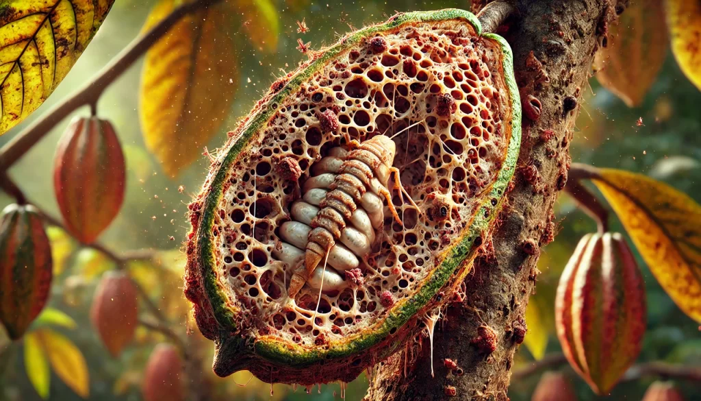 DALL·E 2024 08 27 15.19.06 A highly realistic close up image showing the damage caused by the Barrenador del Fruto (Conopomorpha cramerella) on a cacao pod. The cacao pod is sti