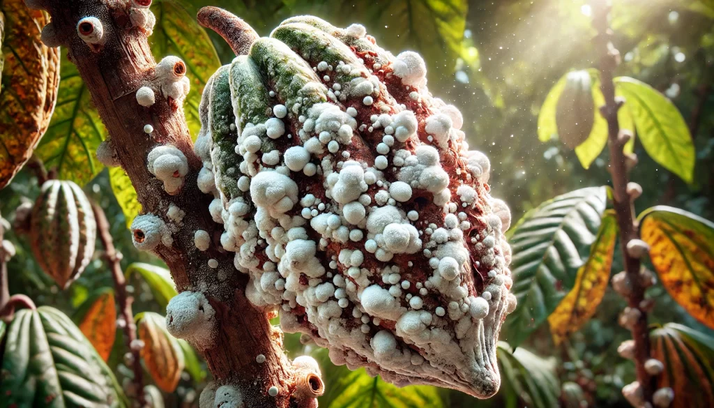 DALL·E 2024 08 27 15.20.58 A highly realistic close up image showing Moniliasis (Moniliophthora roreri) infection on a cacao pod. The cacao pod is still attached to the tree and