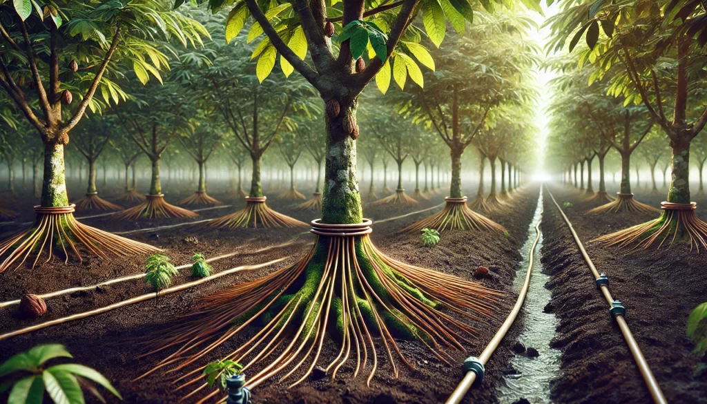 DALL·E 2024 08 27 15.22.59 A highly realistic image showing a drip irrigation system in a cacao plantation. The scene captures the drip lines running along the base of the cacao