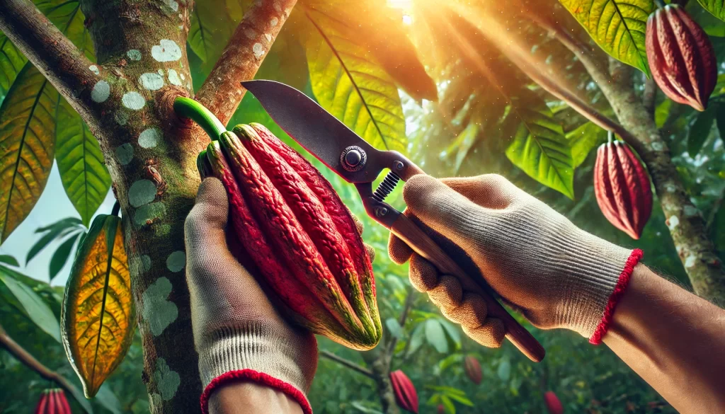 DALL·E 2024 08 27 15.28.57 A highly realistic image showing a farmer's hand harvesting a cacao pod from a tree. The hand is holding a knife or pruning tool, carefully cutting th