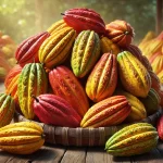 DALL·E 2024 08 27 15.32.36 A highly realistic image of freshly harvested cacao pods that are fully ripe. The cacao pods are vibrant with a mix of yellow, orange, and red colors,