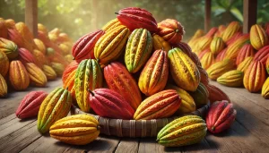 DALL·E 2024 08 27 15.32.36 A highly realistic image of freshly harvested cacao pods that are fully ripe. The cacao pods are vibrant with a mix of yellow, orange, and red colors,