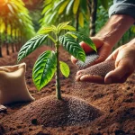 DALL·E 2024 08 27 15.39.58 A highly realistic image showing a farmer's hand applying fertilizer to the base of a young cacao plant. The farmer is holding a small handful of gran