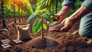 DALL·E 2024 08 27 15.39.58 A highly realistic image showing a farmer's hand applying fertilizer to the base of a young cacao plant. The farmer is holding a small handful of gran