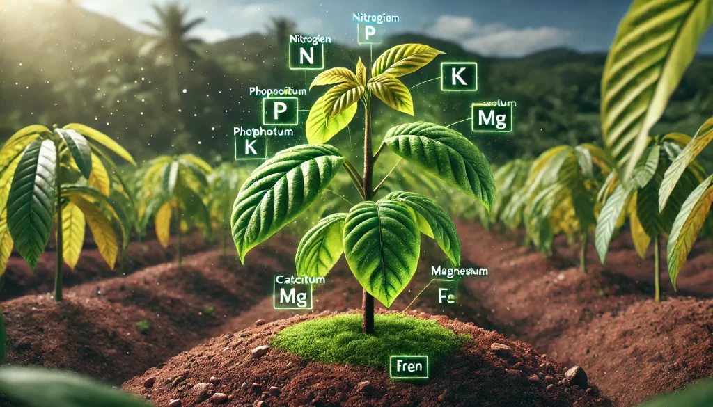 DALL·E 2024 08 27 15.42.01 A highly realistic image showing a healthy cacao plant with an emphasis on the essential nutrients that contribute to its growth. The plant is vibrant