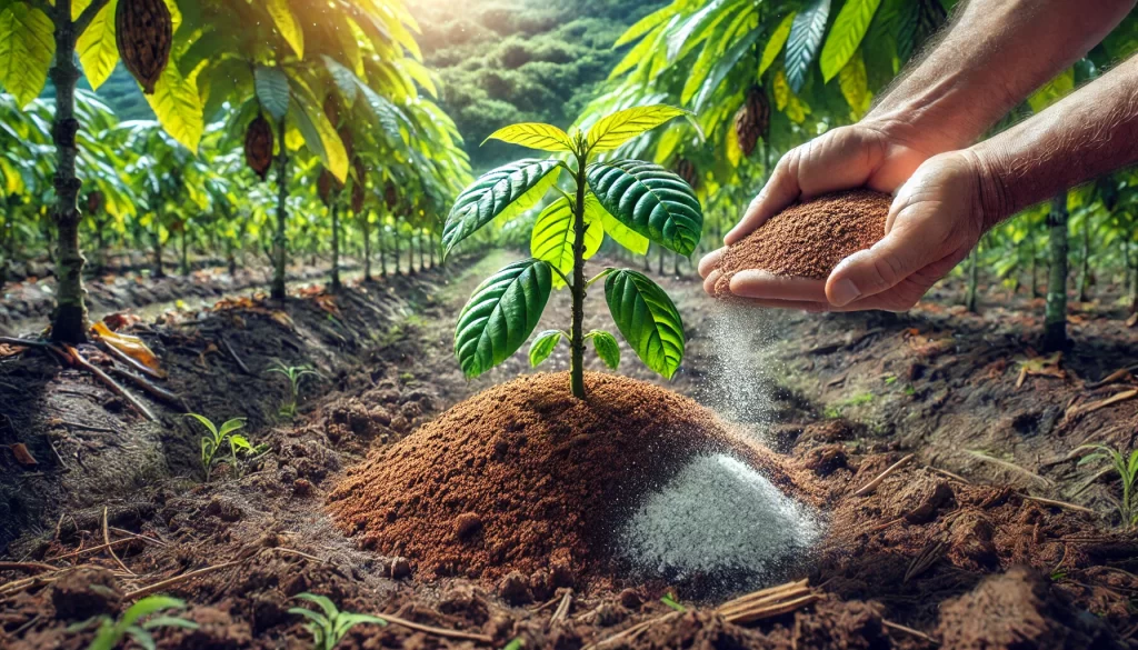 DALL·E 2024 08 27 15.44.19 A highly realistic image showing the application of natural phosphates in a cacao plantation. The scene focuses on the base of a cacao plant where nat