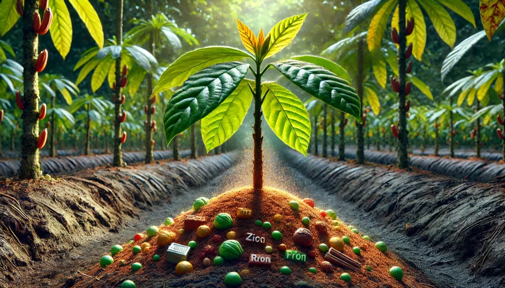 DALL·E 2024 08 27 15.46.10 A highly realistic image showing a healthy cacao plant with an emphasis on the application of micronutrients. The scene focuses on the base of the pla