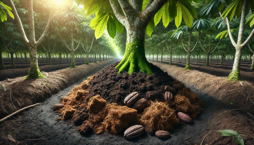 DALL·E 2024 08 27 15.49.08 A highly realistic image showing compost and manure being applied around the base of a cacao tree. The cacao tree is healthy and well established, wit