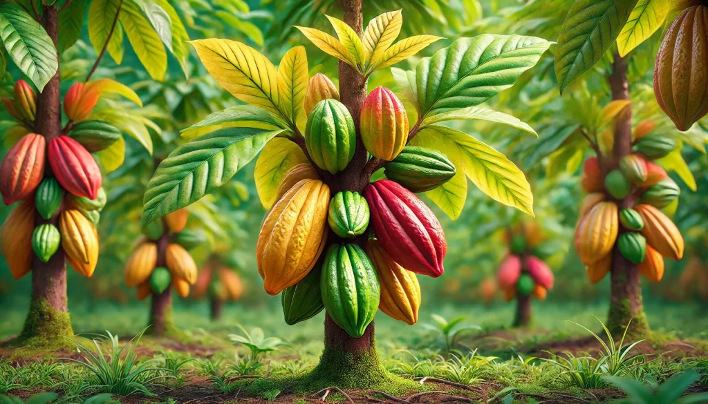 DALL·E 2024 08 27 15.52.54 A highly realistic image of a young cacao plant bearing mature cacao pods. The plant is healthy, with vibrant green leaves, and the cacao pods are ful