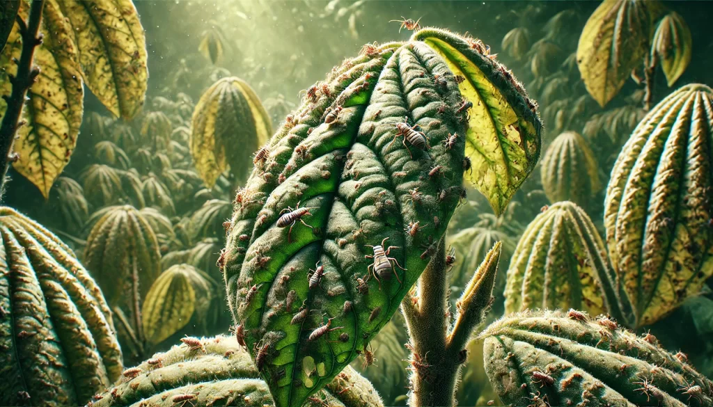 DALL·E 2024 08 27 15.59.59 A highly realistic close up image showing the effects of cacao thrips (Selenothrips rubrocinctus) on a cacao plant. The image focuses on the leaves of