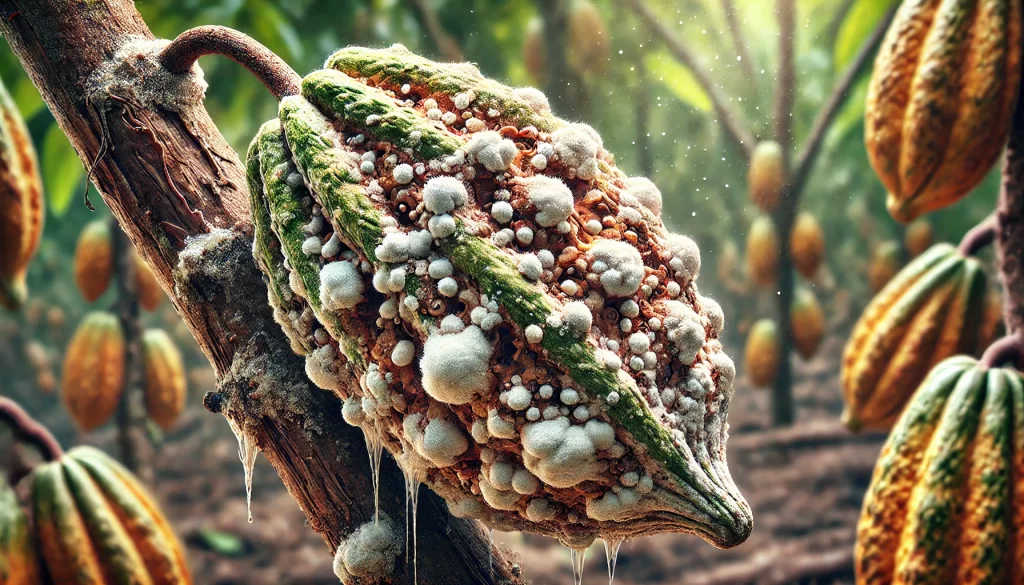 DALL·E 2024 08 27 16.04.40 A highly realistic close up image showing the effects of Moniliasis (Moniliophthora roreri) on a cacao pod. The cacao pod, still attached to the tree,