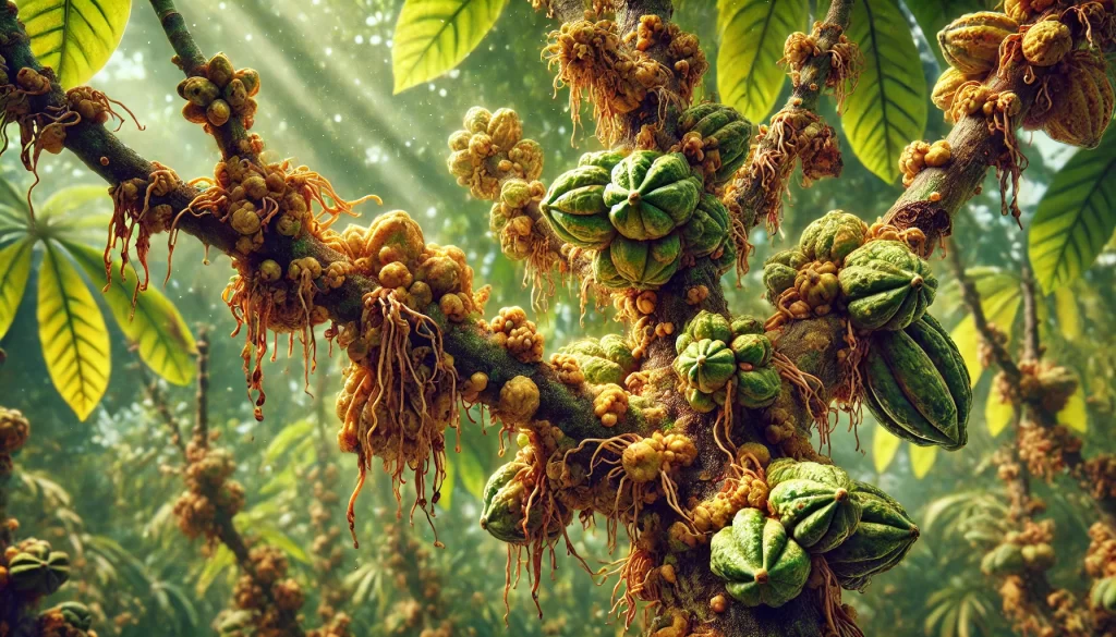 DALL·E 2024 08 27 16.07.11 A highly realistic close up image showing the effects of Witches' Broom disease (Moniliophthora perniciosa) on a cacao tree. The cacao tree shows visi