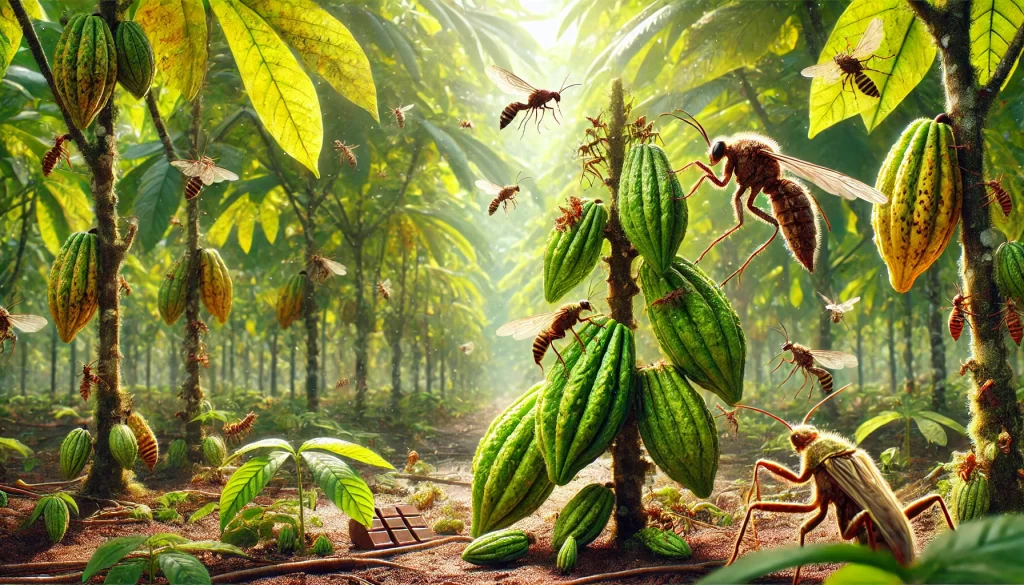 DALL·E 2024 08 27 16.11.17 A highly realistic image showing the use of biological control in a cacao plantation. The scene includes beneficial insects, such as parasitoid wasps