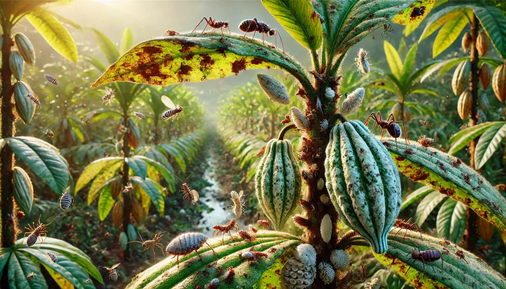 DALL·E 2024 08 27 16.19.49 A highly realistic image showing a variety of pests affecting a cacao plant. The image includes different types of pests such as cacao thrips, white m