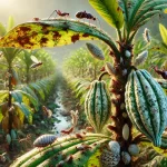 DALL·E 2024 08 27 16.19.49 A highly realistic image showing a variety of pests affecting a cacao plant. The image includes different types of pests such as cacao thrips, white m