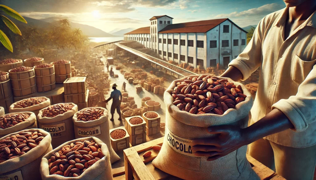 DALL·E 2024 08 27 16.24.18 A highly realistic image depicting the commercialization of cacao for chocolate production. The scene includes freshly harvested cacao beans being sor