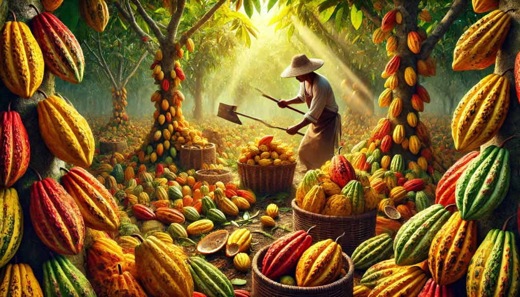 DALL·E 2024 08 27 16.26.07 A highly realistic image depicting the harvest of mature cacao pods. The scene shows a farmer carefully cutting ripe cacao pods from the tree using a