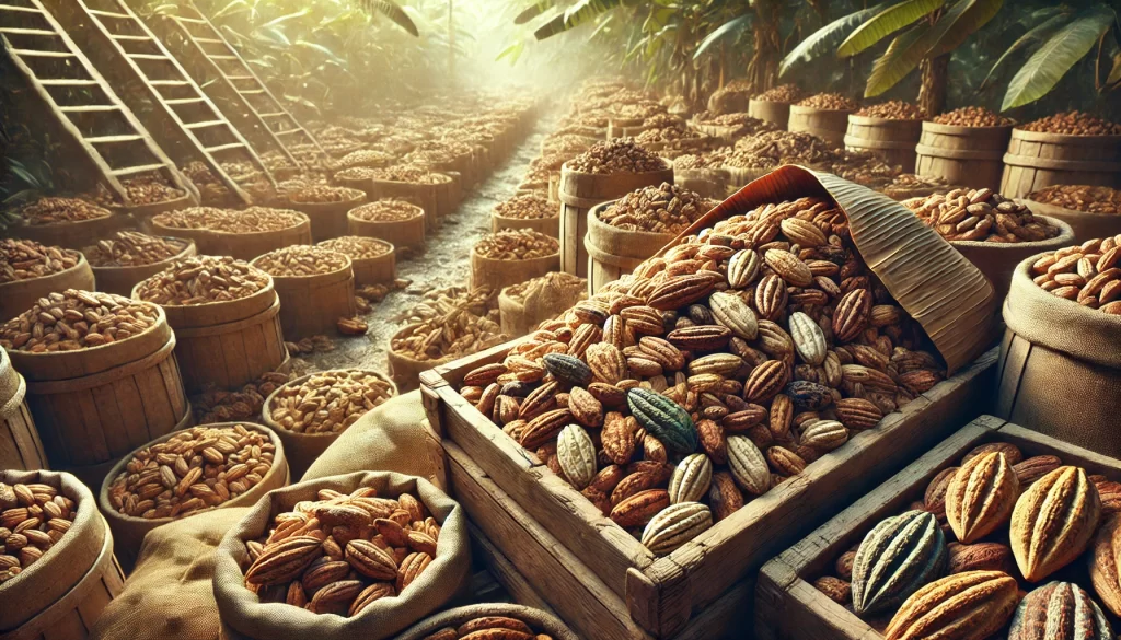 DALL·E 2024 08 27 16.28.07 A highly realistic image showing the fermentation process of cacao beans. The scene depicts cacao beans piled inside wooden fermentation boxes, which