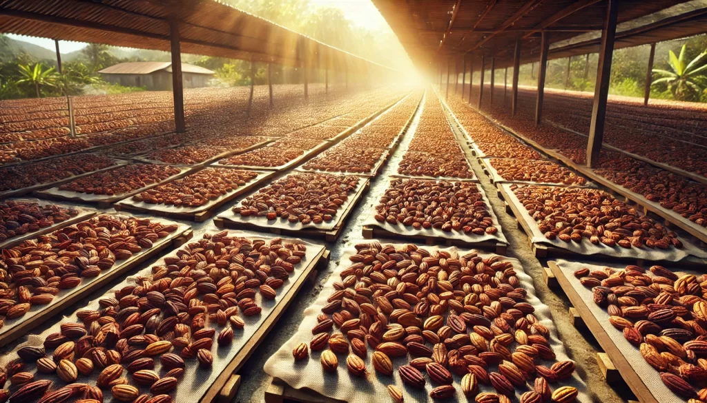 DALL·E 2024 08 27 16.30.21 A highly realistic image depicting the sun drying process of cacao beans. The scene shows cacao beans spread out evenly on large drying mats or raised