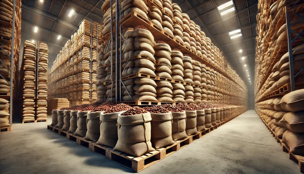 DALL·E 2024 08 27 16.32.48 A highly realistic image showing the storage of cacao beans in large sacks. The scene depicts rows of stacked sacks filled with dried cacao beans, nea