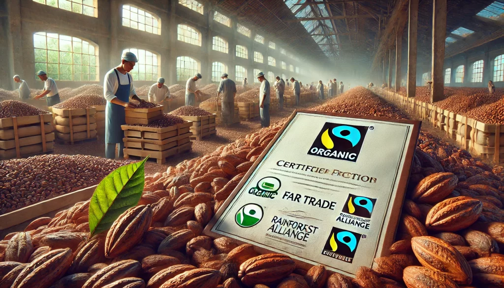 DALL·E 2024 08 27 16.35.48 A highly realistic image depicting the certification process of cacao. The scene shows a cacao farm or processing facility where cacao beans are being