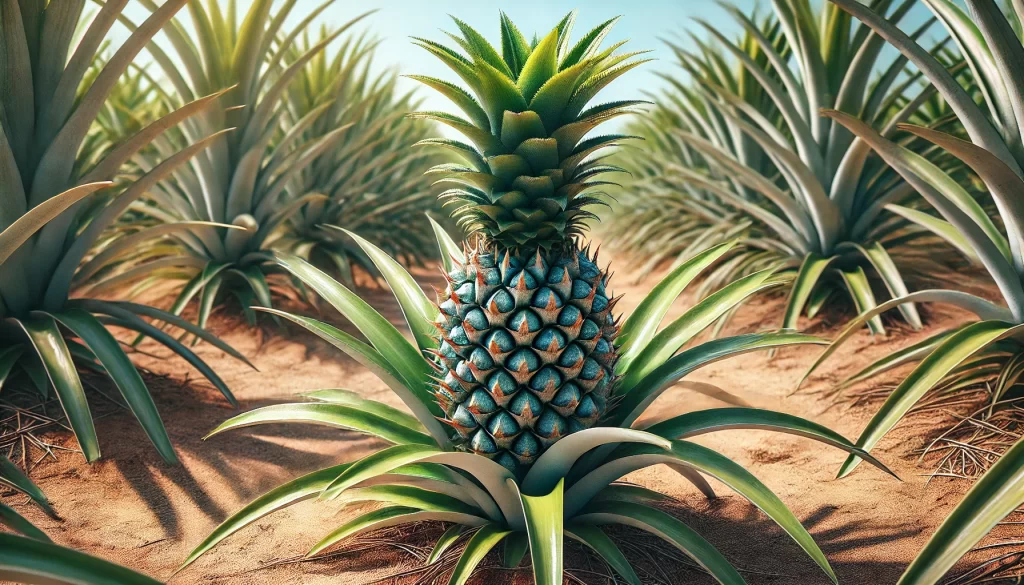 DALL·E 2024 08 28 15.48.07 A highly realistic image of a pineapple plant growing in a field. The plant is healthy, with its spiky green leaves extending upward and outward from