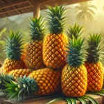 DALL·E 2024 08 28 15.49.20 A highly realistic image of freshly harvested ripe pineapples. The pineapples are piled together, displaying their vibrant yellow and orange hues, wit