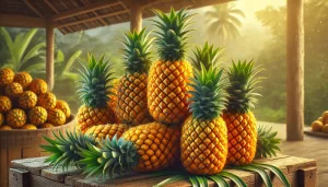 DALL·E 2024 08 28 15.49.20 A highly realistic image of freshly harvested ripe pineapples. The pineapples are piled together, displaying their vibrant yellow and orange hues, wit