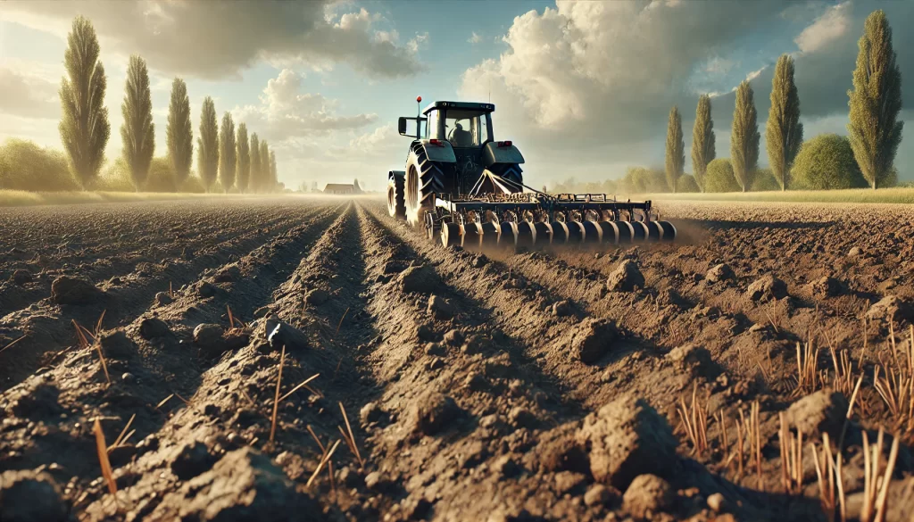 DALL·E 2024 08 28 15.51.23 A highly realistic image depicting soil preparation for agriculture. The scene shows a tractor with a plow attached, tilling the soil in a large open