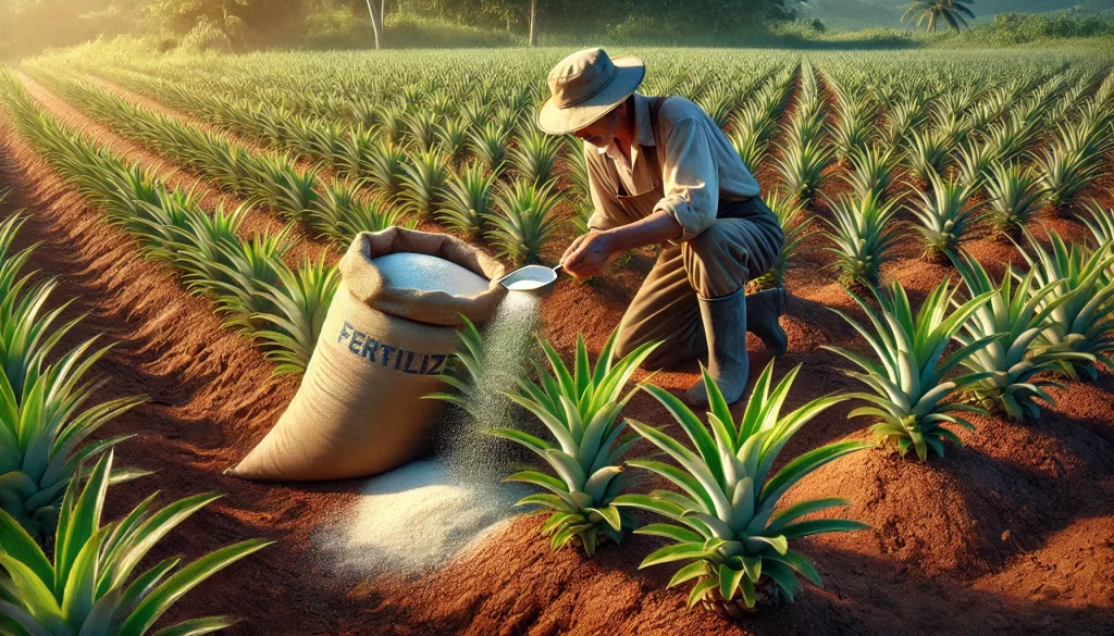 DALL·E 2024 08 28 15.52.52 A highly realistic image of a farmer applying fertilizer from a sack to pineapple plants in a field. The farmer is dressed in typical work clothes and