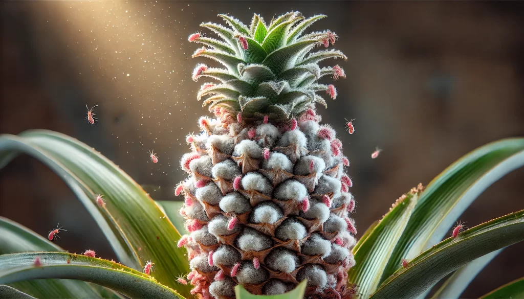 DALL·E 2024 08 28 15.57.41 A highly realistic close up image focusing on a single pineapple fruit affected by Pink Mealybug (Dysmicoccus brevipes). The image shows the pineapple